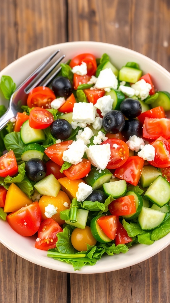 Fresh Garden Salad Recipe A vibrant garden salad with mixed greens, tomatoes, cucumbers, bell peppers, and feta cheese, served in a bowl on a wooden table.